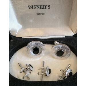 Vtg Disner's Detroit Silver Tone Black Center Cuff Links Set Wedding Tuxedo Gala